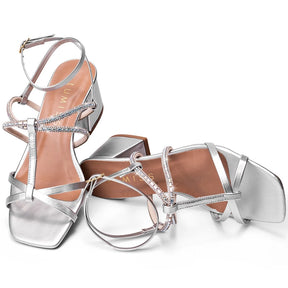 Sandália Vidacy Bico Quadrado Strass Confort 